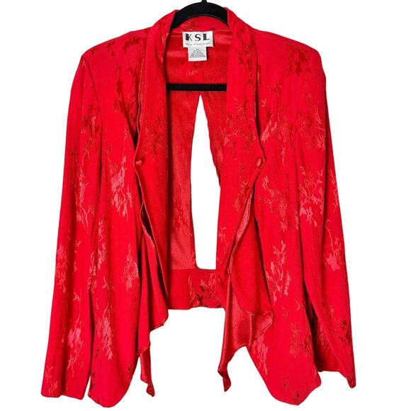 Vintage Red Floral Brocade Open Back Blazer Jacket Plus Size 18W - Picture 1 of 7